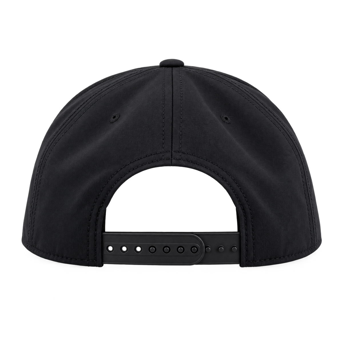 Pete's black snapback hat, back view showing adjustable snap closure