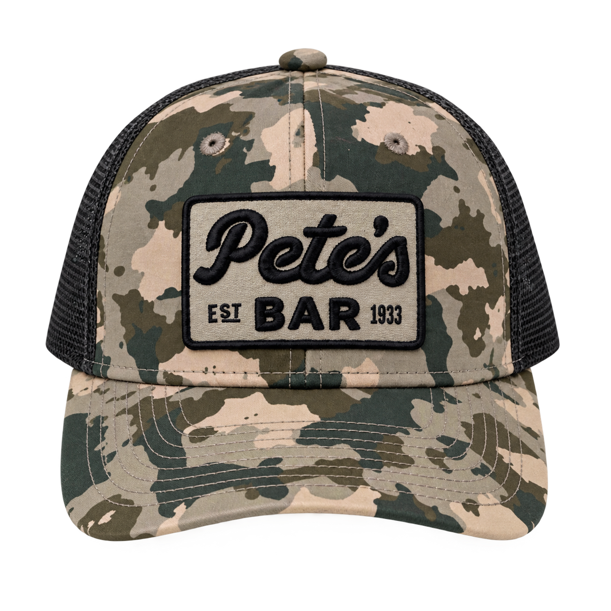 Pete's Army Camo trucker hat front view with black mesh