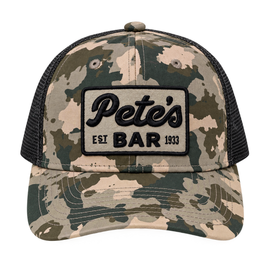 Pete's Army Camo trucker hat front view with black mesh