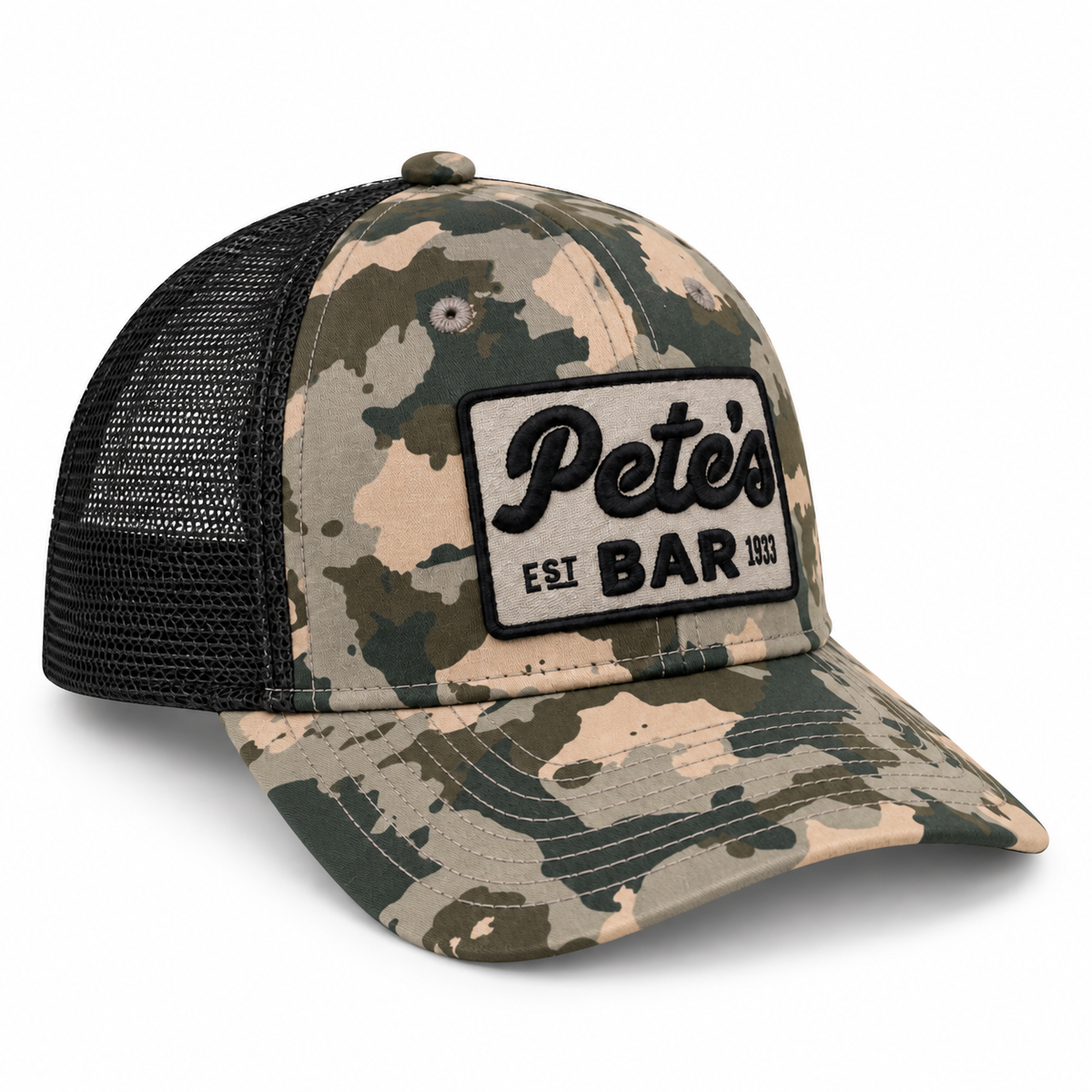 Pete's Army Camo trucker hat side view with black mesh