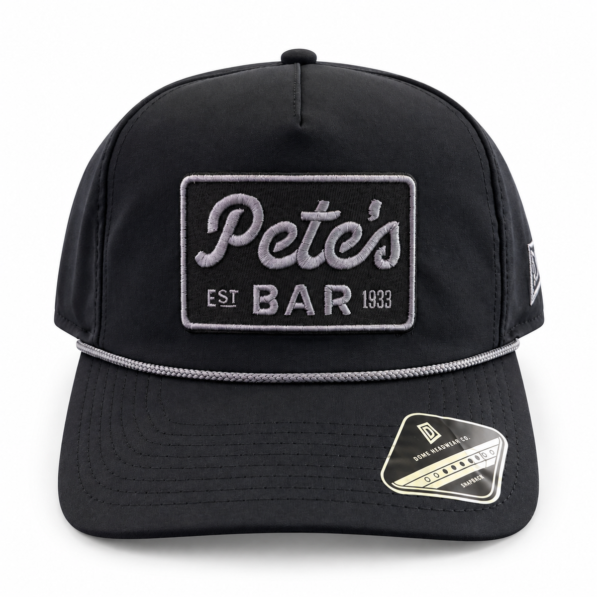 Pete's Bar black gray rope hat, front view
