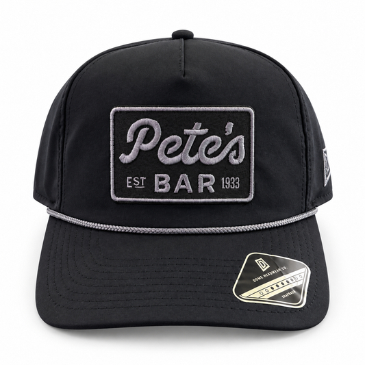 Pete's Bar black gray rope hat, front view