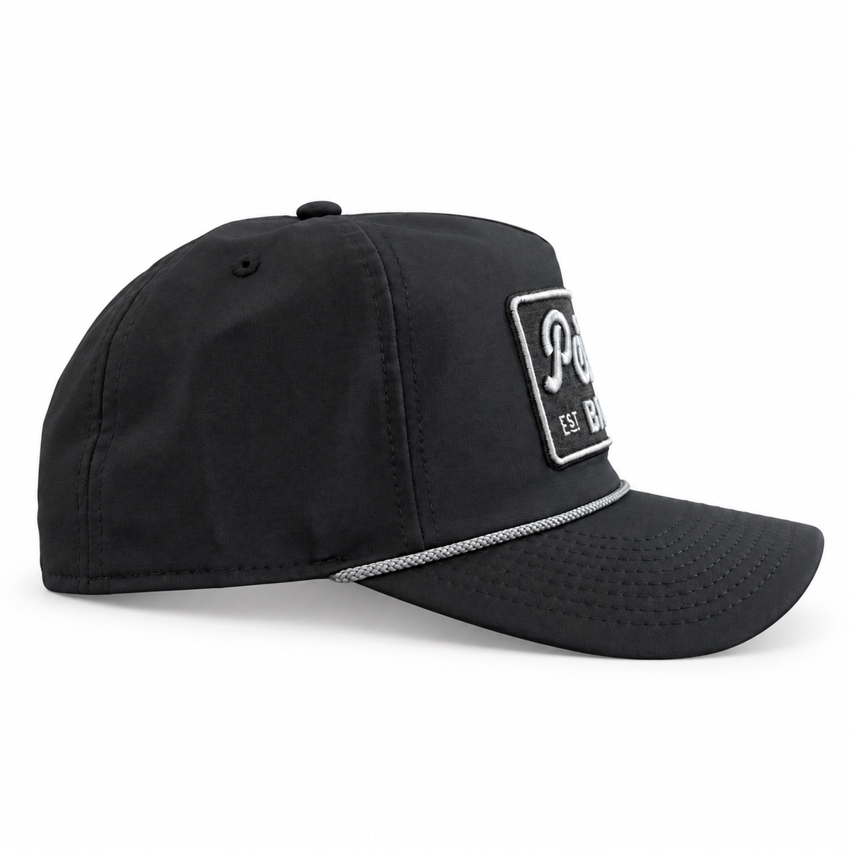 Pete's Bar black gray rope hat, side view