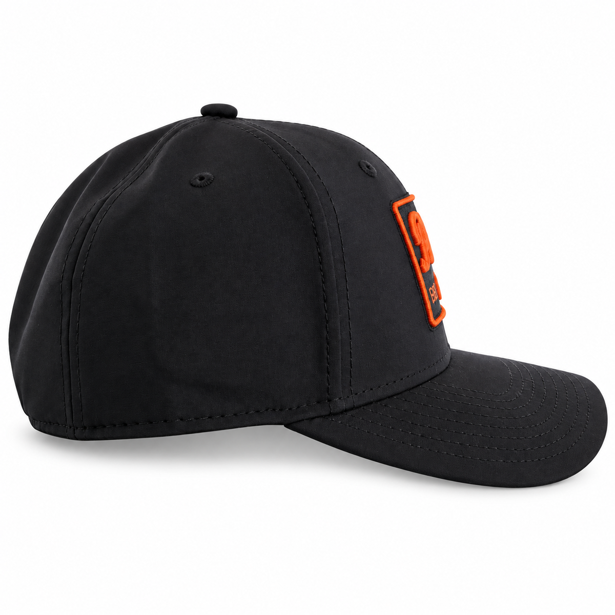 Pete's black snapback hat with orange logo, side view
