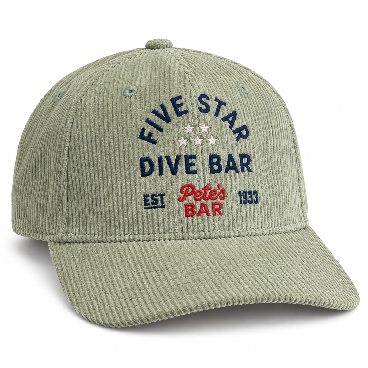Pete's Bar light green corduroy hat, front embroidered view