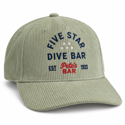 Pete's Bar light green corduroy hat, front embroidered view