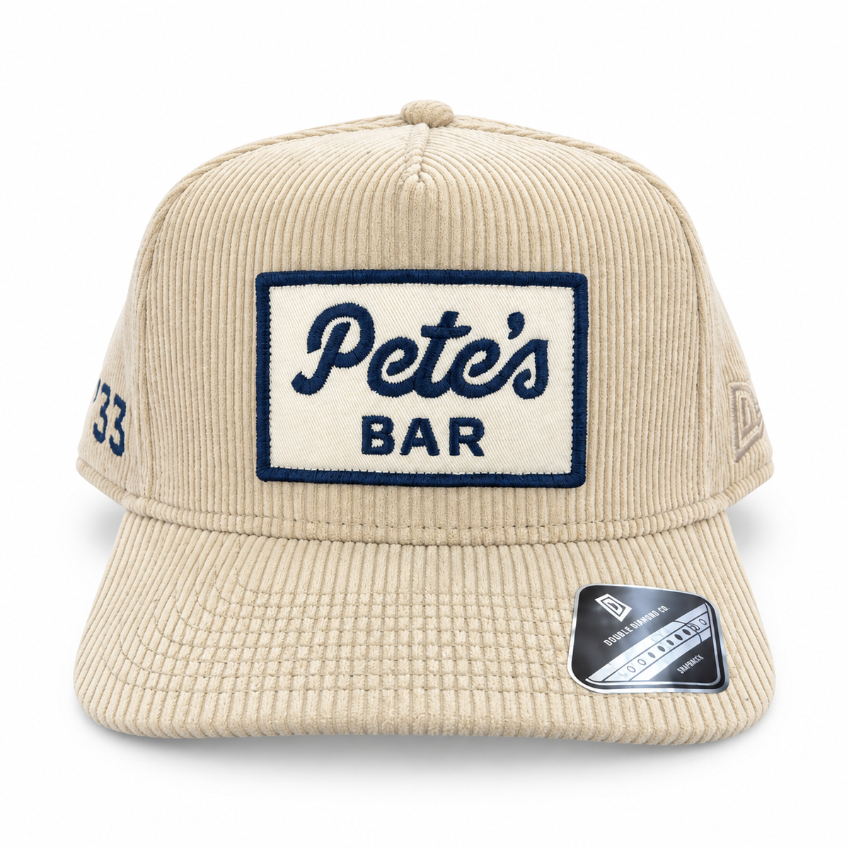 Pete's Bar cream corduroy navy hat, front view
