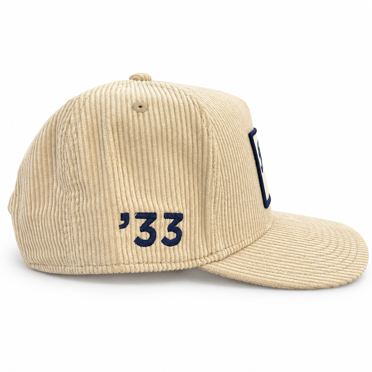 Pete's Bar cream corduroy navy hat, side view