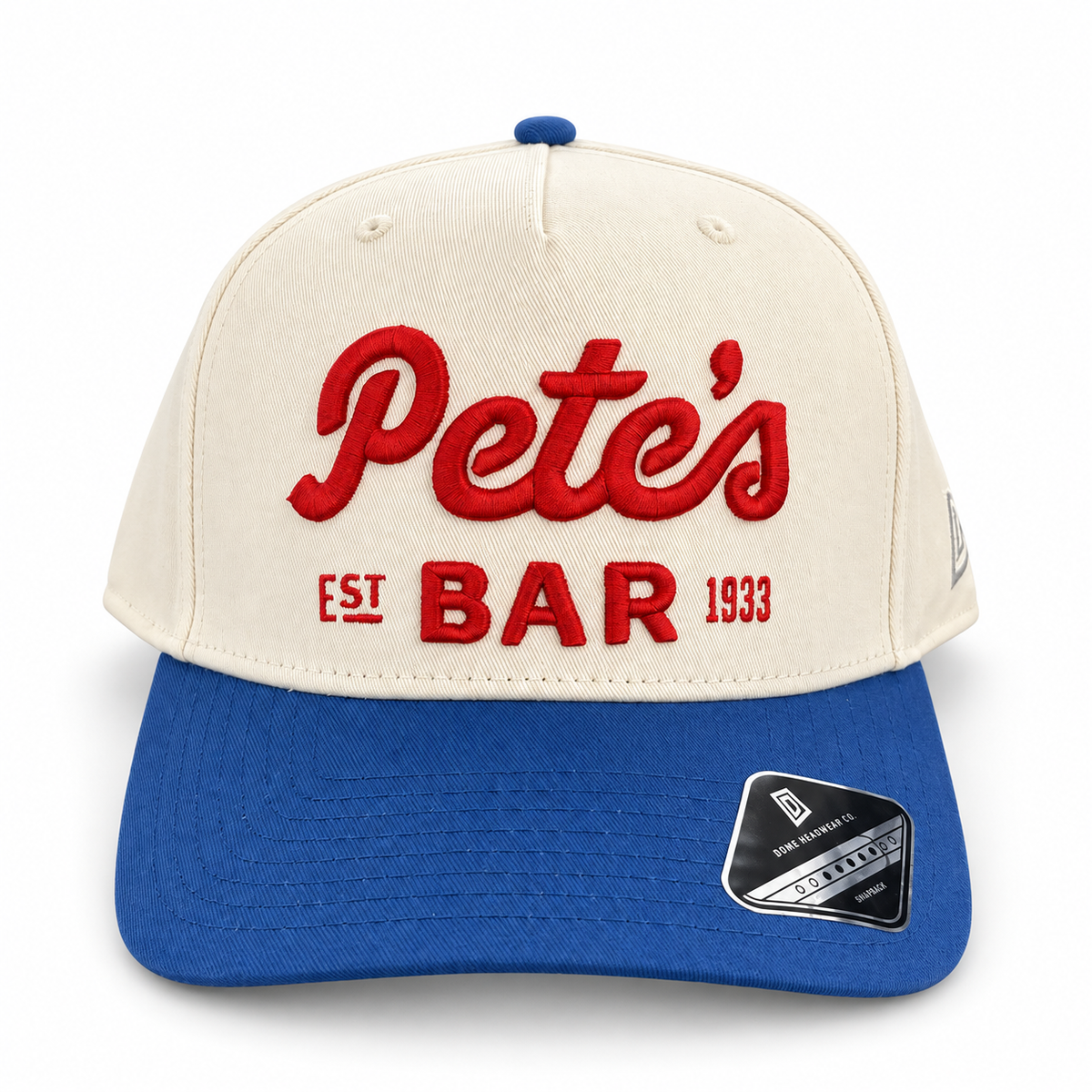 Pete's Bar cream red blue brim hat, front view