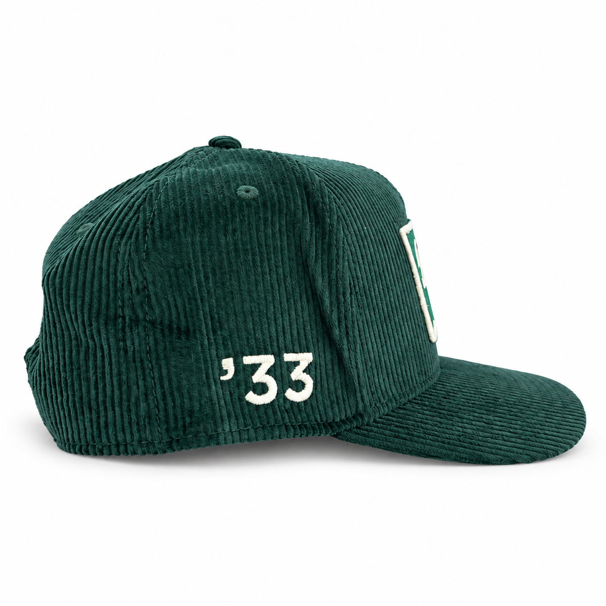 Pete's Bar forest green corduroy hat, side view