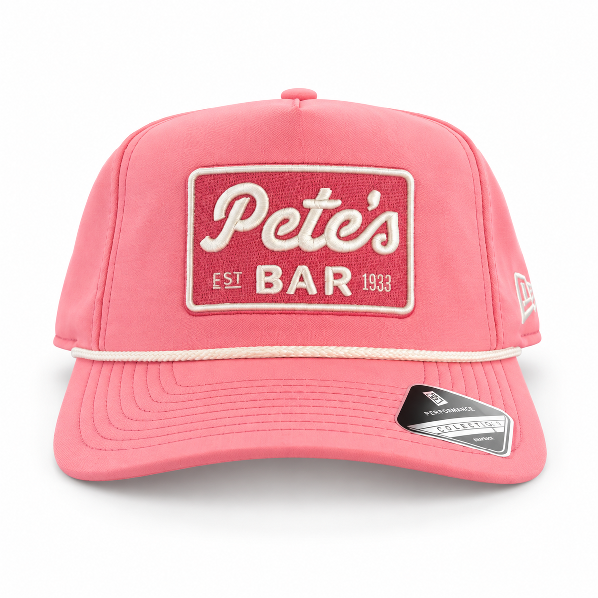 Pete's Bar pink white rope hat, front view