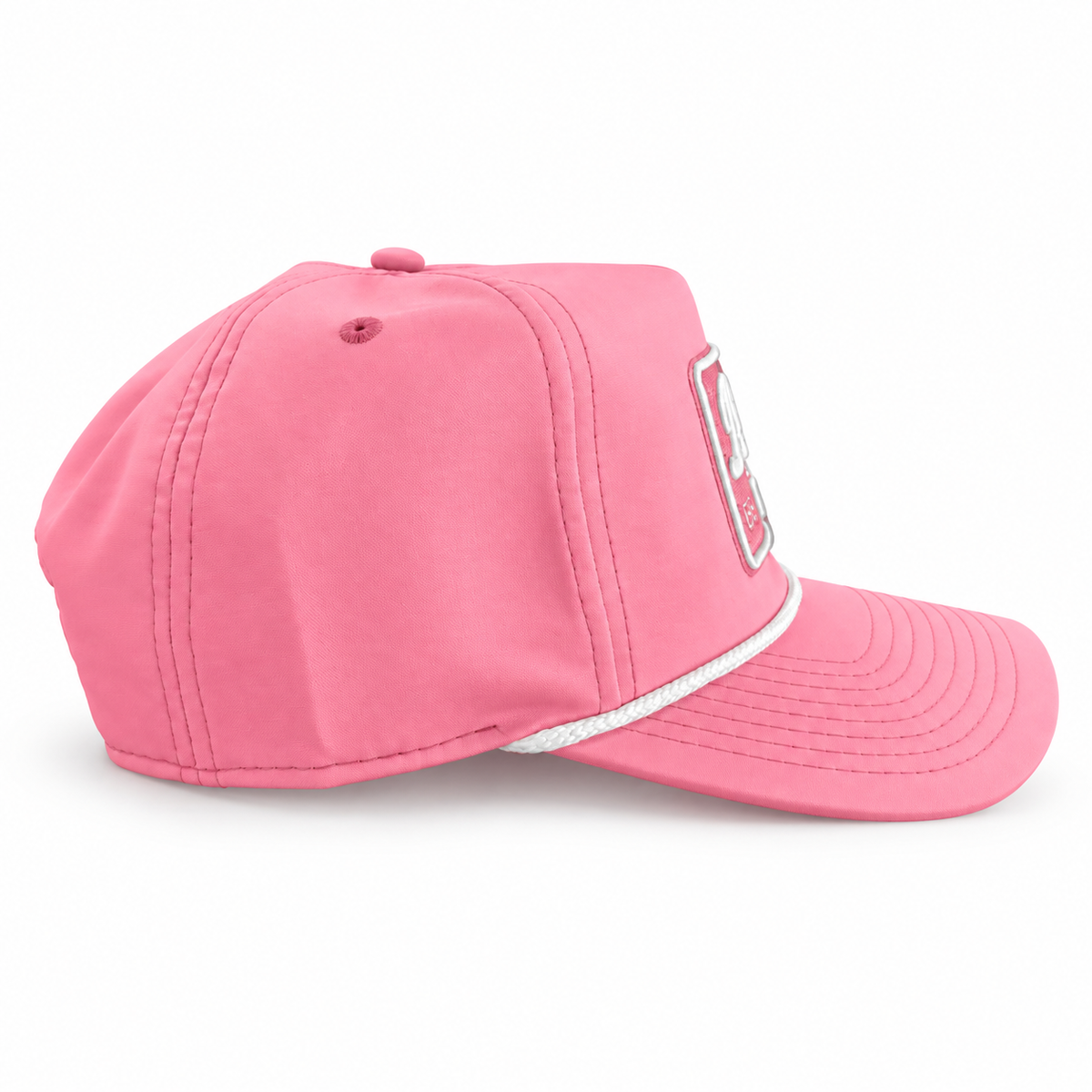 Pete's Bar pink white rope hat, side view