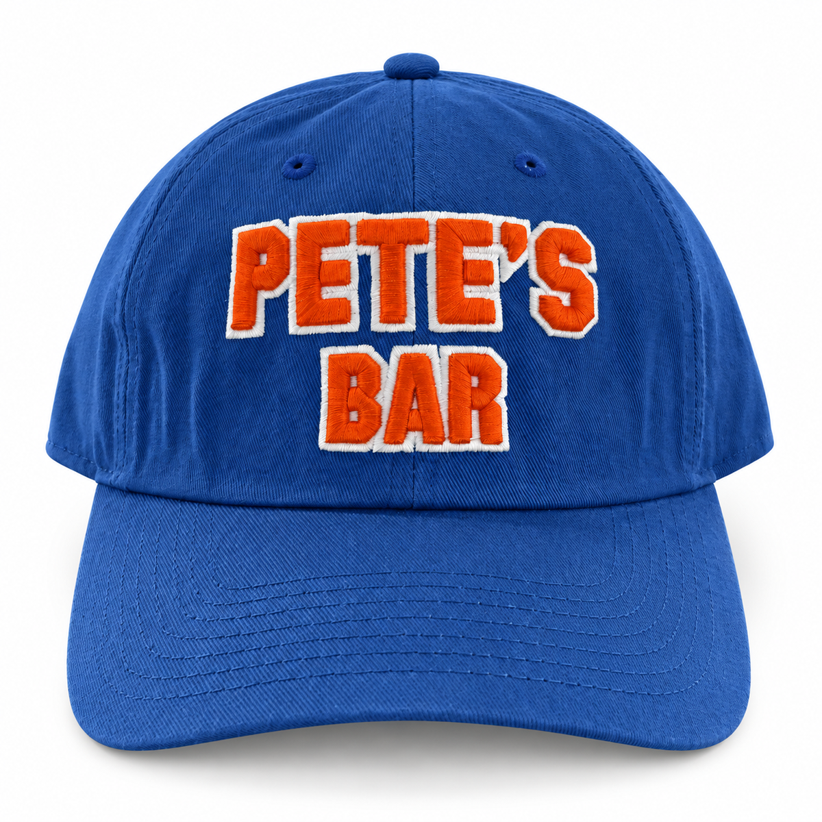 Pete's blue UF Dad Cap front view with orange and white embroidered lettering